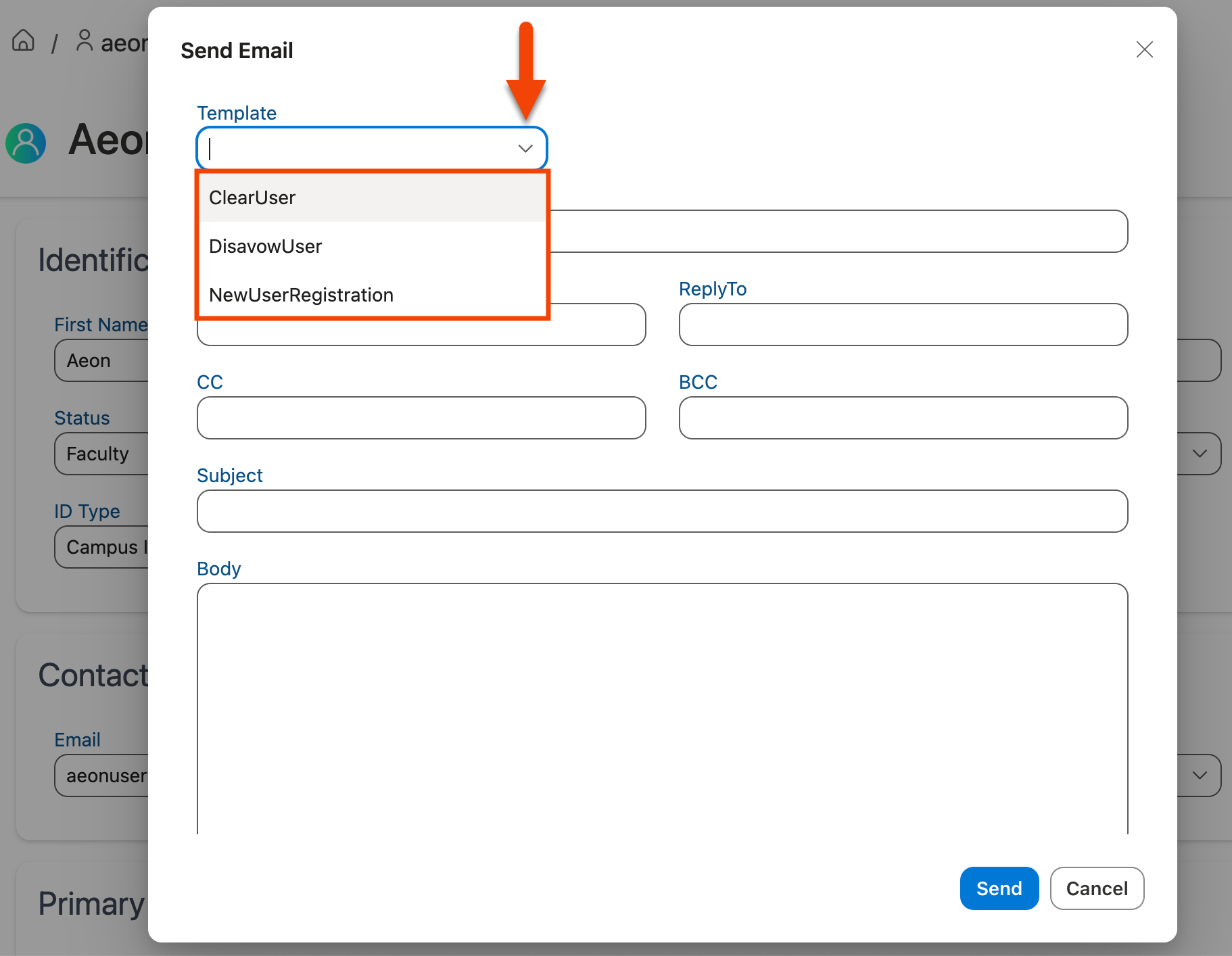 Template dropdown opened in Send Email window